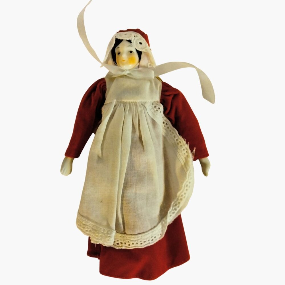 Vintage Porcelain Doll Red Dress White Apron Lace Bonnet 7 inch